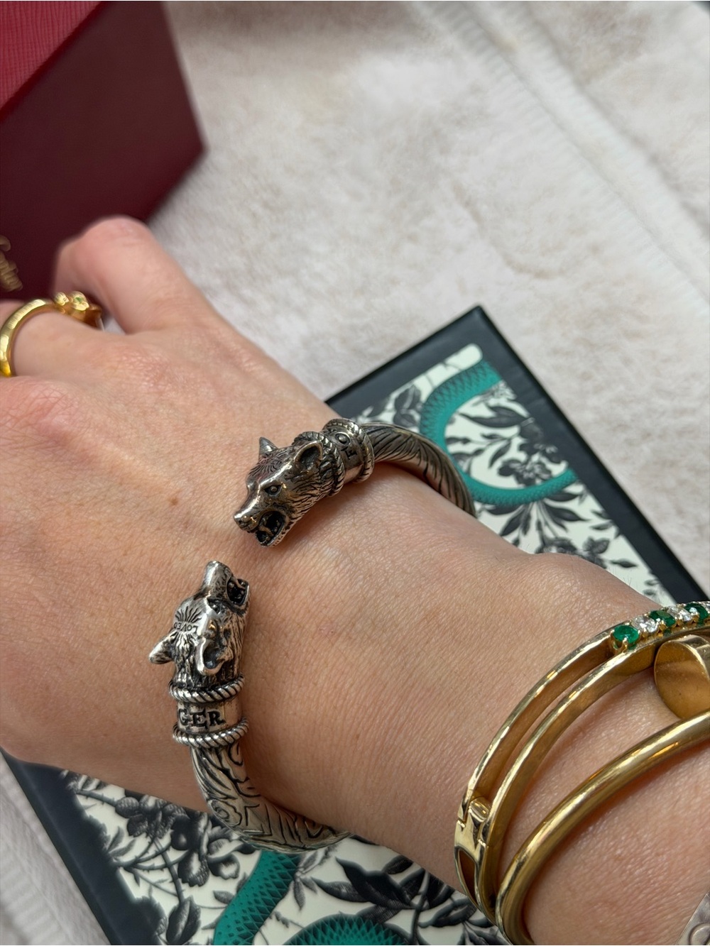 Gucci Silver Wolf Head Open Cuff Bracelet